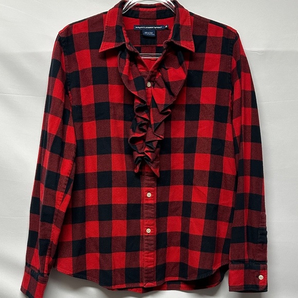 Ralph Lauren Sport Women’s Flannel Buffalo Plaid Ruffle Shirt EUC - Picture 1 of 4